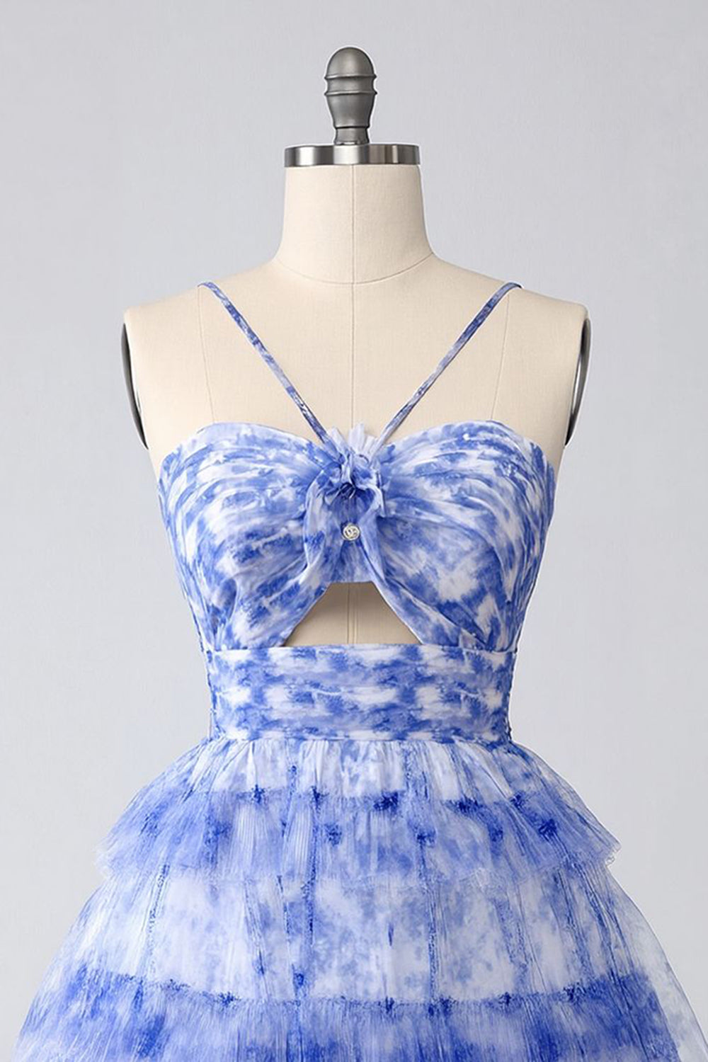 Blue Printed Cut-Out A-Line Tiered Homecoming Dress