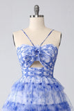 Blue Printed Cut-Out A-Line Tiered Homecoming Dress