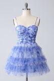 Blue Printed A-Line Tiered Homecoming Dress with Ruffles
