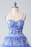 Blue Printed A-Line Tiered Homecoming Dress with Ruffles