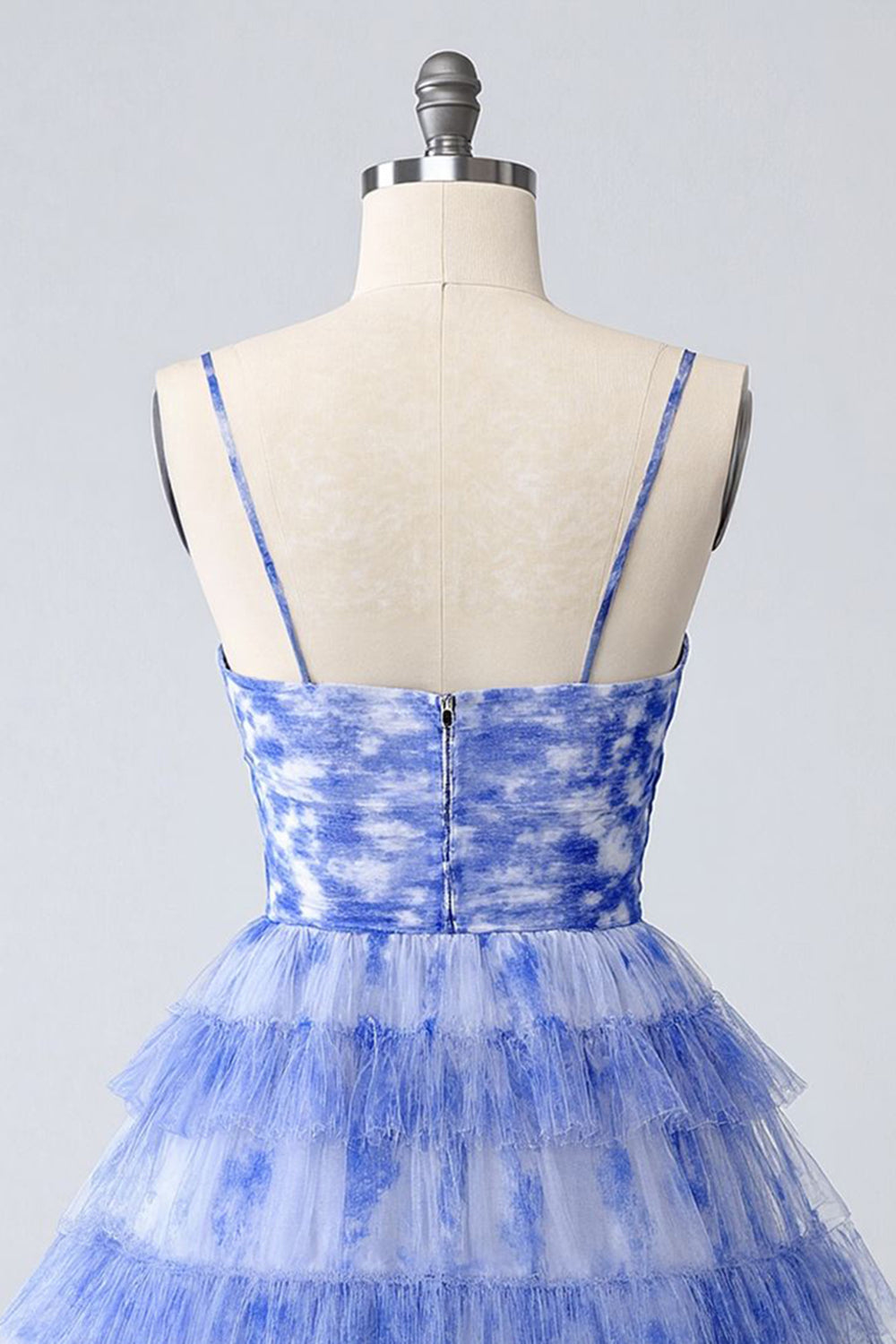 Blue Printed A-Line Tiered Homecoming Dress with Ruffles