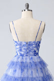Blue Printed A-Line Tiered Homecoming Dress with Ruffles