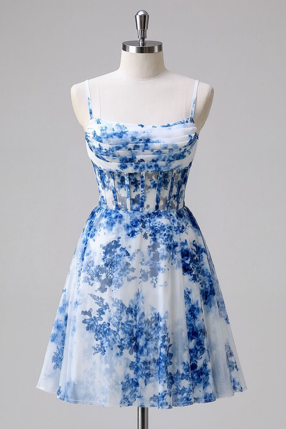 Corset Blue Printed A-Line Homecoming Dress