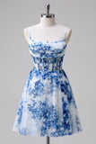 Corset Blue Printed A-Line Homecoming Dress