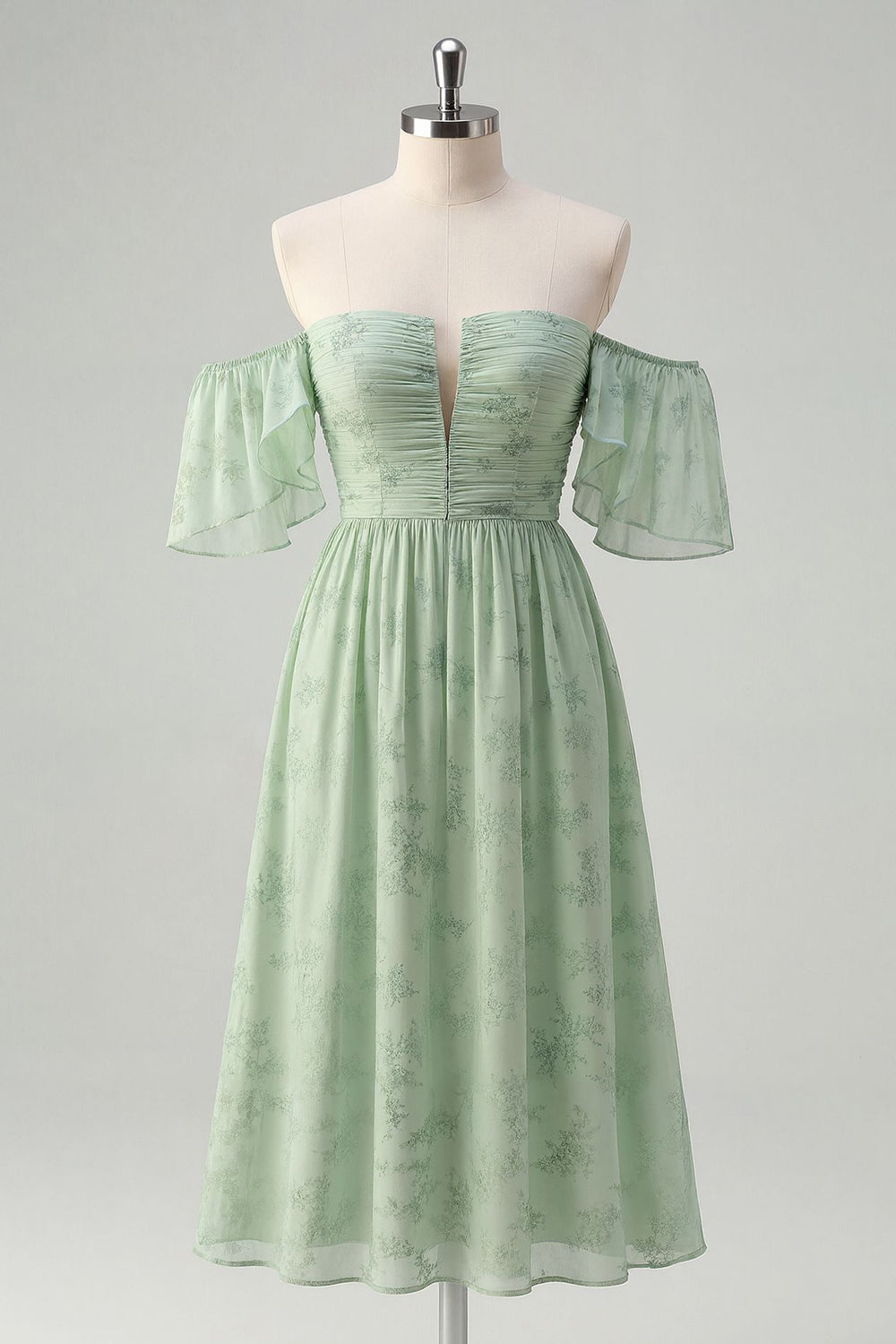 Off The Shoulder Printed Sage Green Midi Homecoming Dress