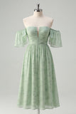 Off The Shoulder Printed Sage Green Midi Homecoming Dress