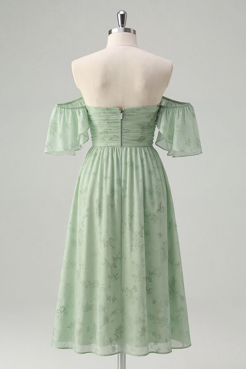 Off The Shoulder Printed Sage Green Midi Homecoming Dress