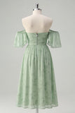 Off The Shoulder Printed Sage Green Midi Homecoming Dress