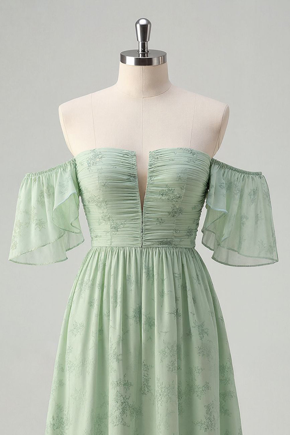 Off The Shoulder Printed Sage Green Midi Homecoming Dress