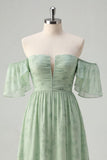 Off The Shoulder Printed Sage Green Midi Homecoming Dress