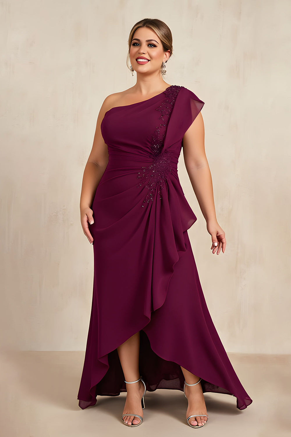 Burgundy One Shoulder Asymmetrical Plus Size Mother Of The Bride With Ruffles