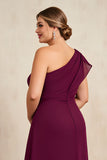 Burgundy One Shoulder Asymmetrical Plus Size Mother Of The Bride With Ruffles