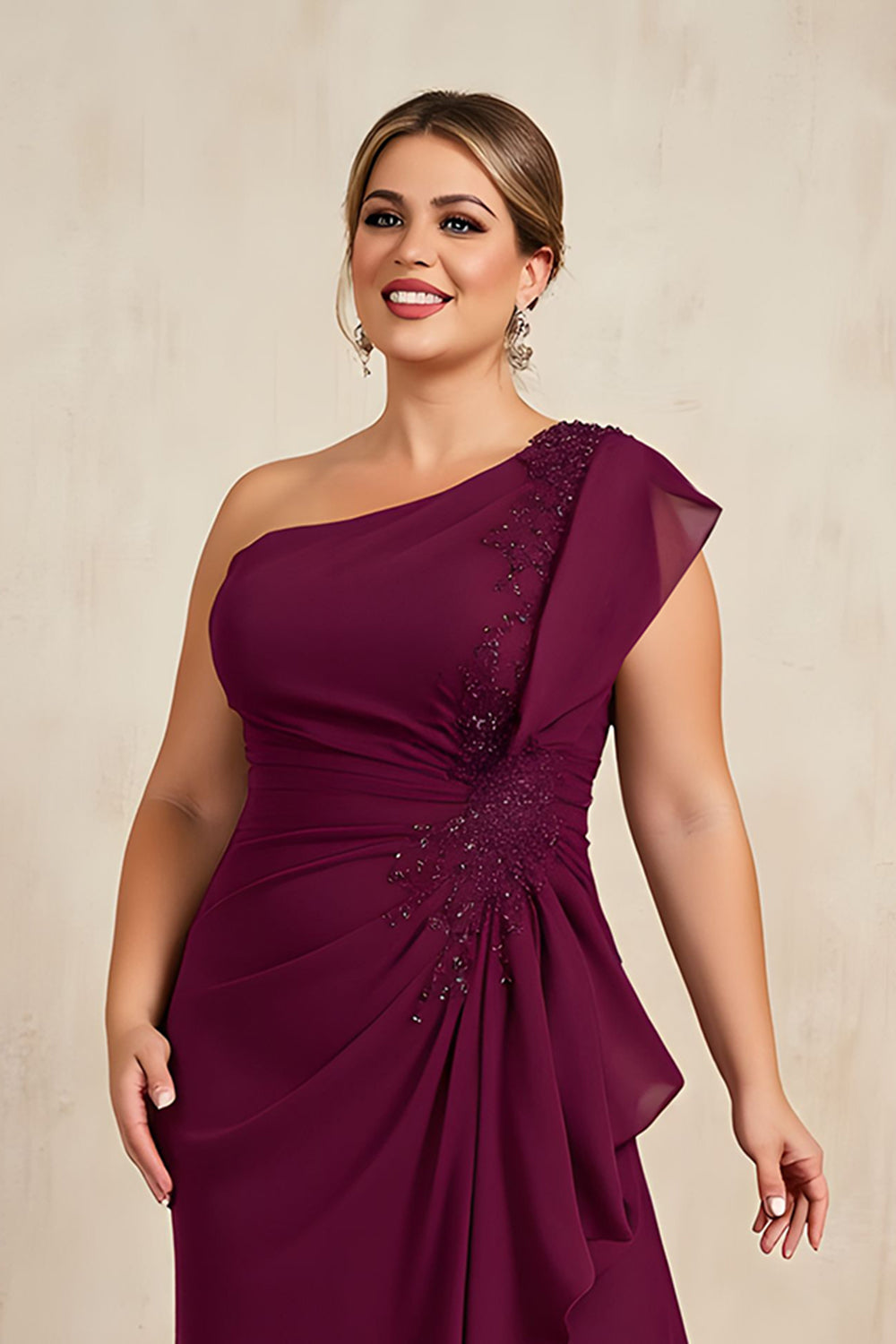 Burgundy One Shoulder Asymmetrical Plus Size Mother Of The Bride With Ruffles