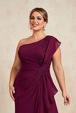 Burgundy One Shoulder Asymmetrical Plus Size Mother Of The Bride With Ruffles