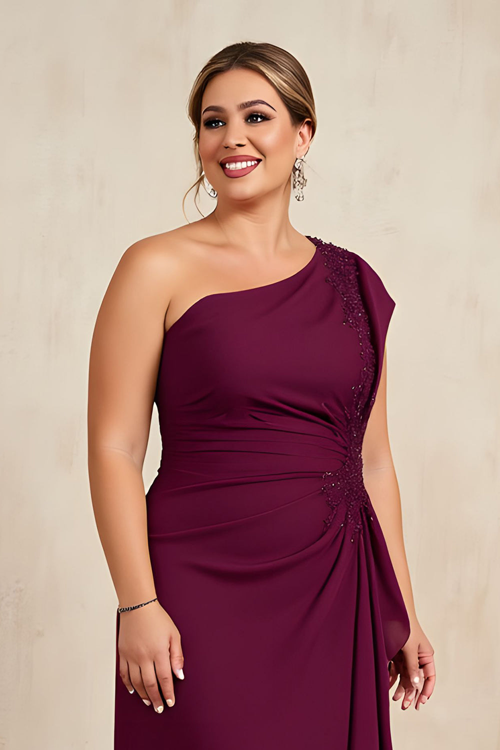 Burgundy One Shoulder Asymmetrical Plus Size Mother Of The Bride With Ruffles