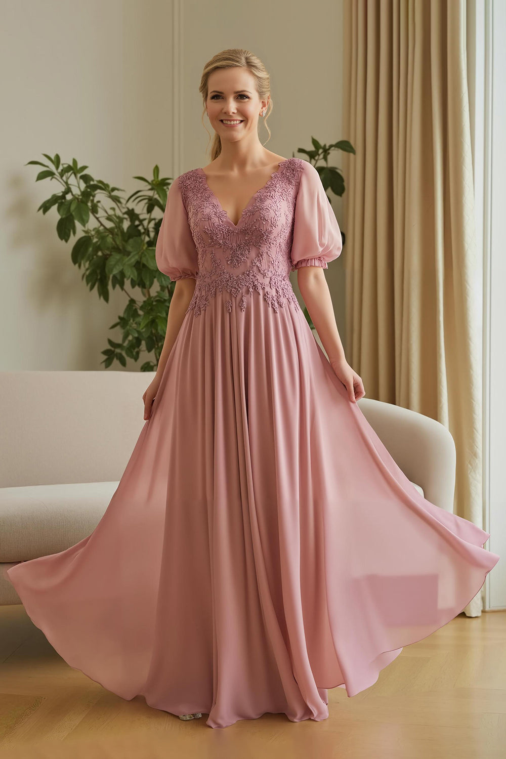 Dusty Rose Chiffon A-Line Appliqued Mother Of The Bride Dress