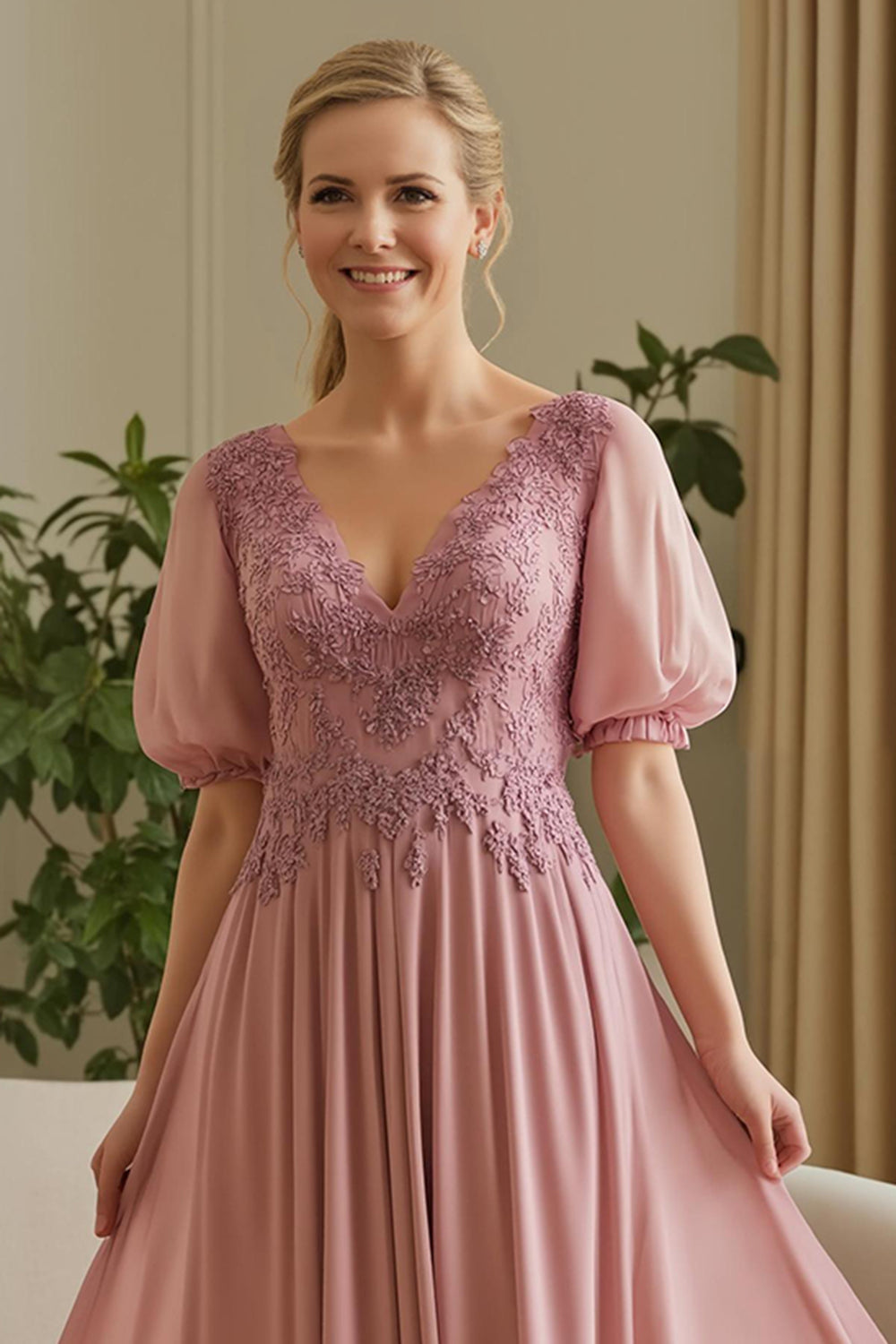 Dusty Rose Chiffon A-Line Appliqued Mother Of The Bride Dress