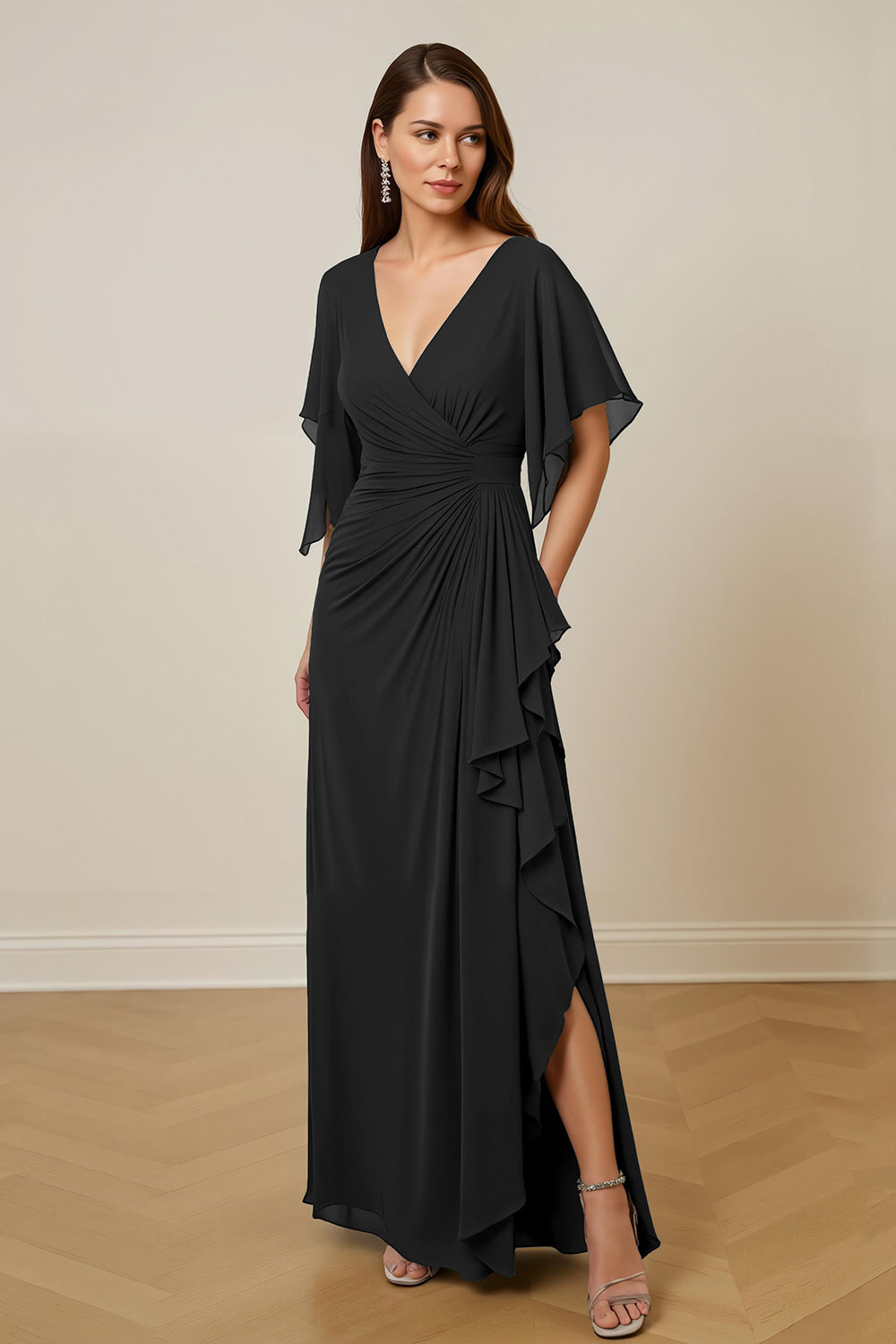 Dark Green Ruched Flutter Sleeve Mother Of The Bride Dress With Slit