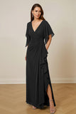Dark Green Ruched Flutter Sleeve Mother Of The Bride Dress With Slit