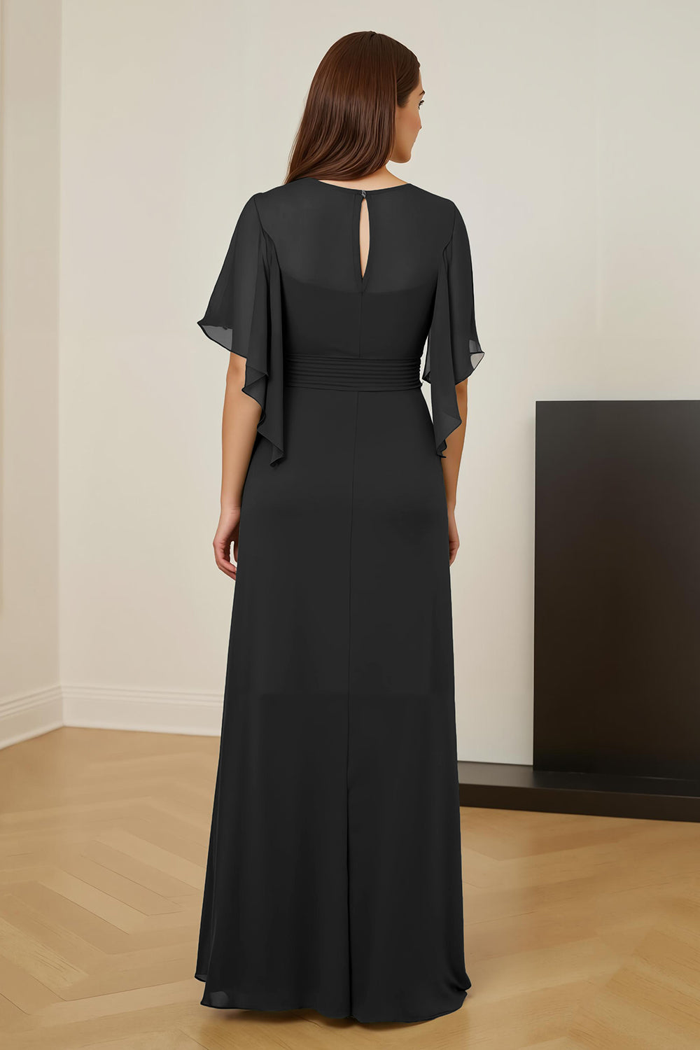 Dark Green Ruched Flutter Sleeve Mother Of The Bride Dress With Slit