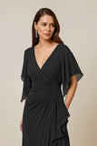 Dark Green Ruched Flutter Sleeve Mother Of The Bride Dress With Slit