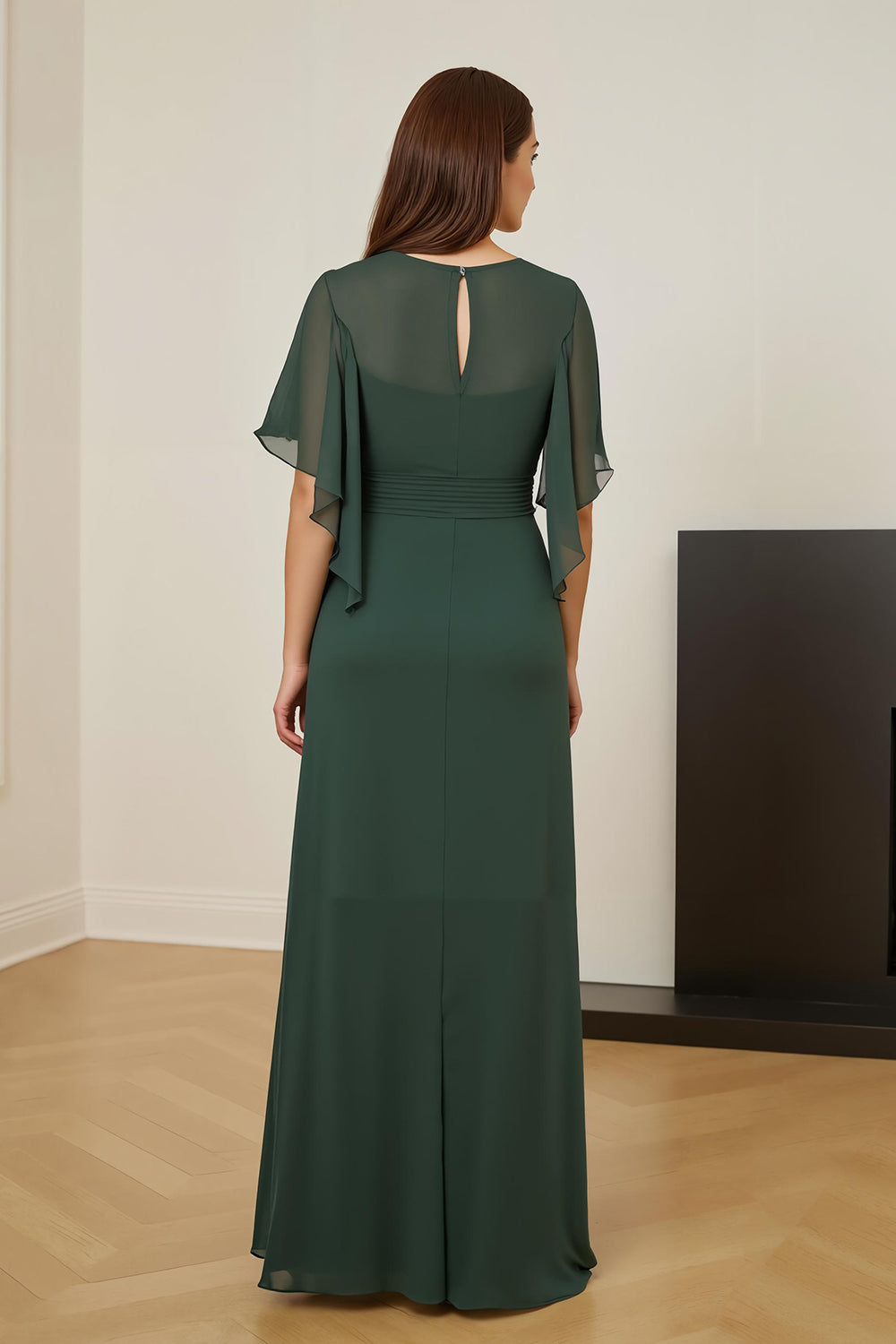 Dark Green Ruched Flutter Sleeve Mother Of The Bride Dress With Slit
