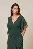Dark Green Ruched Flutter Sleeve Mother Of The Bride Dress With Slit
