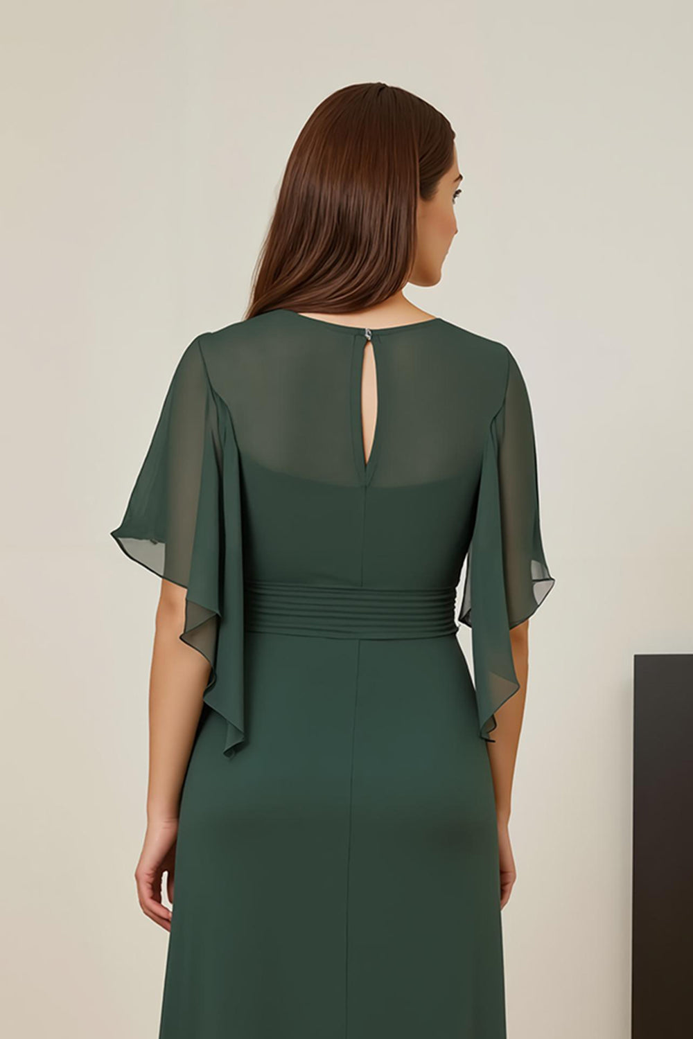 Dark Green Ruched Flutter Sleeve Mother Of The Bride Dress With Slit