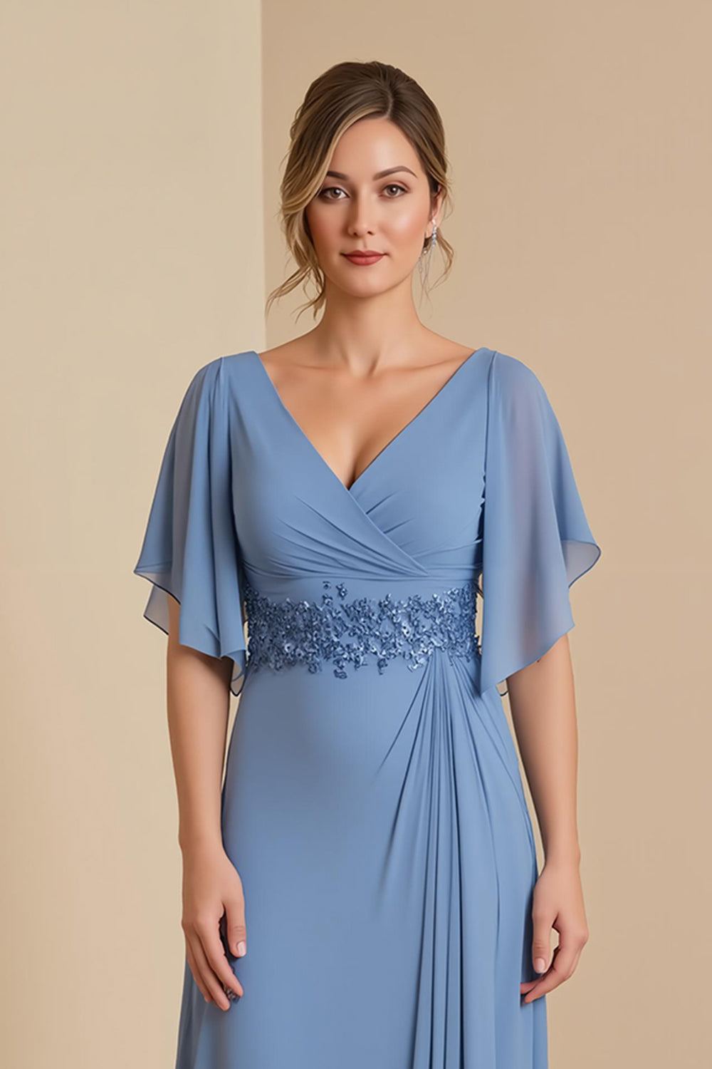 Dusty Blue V-Neck A-Line Chiffon Mother Of The Bride Dress With Appliques