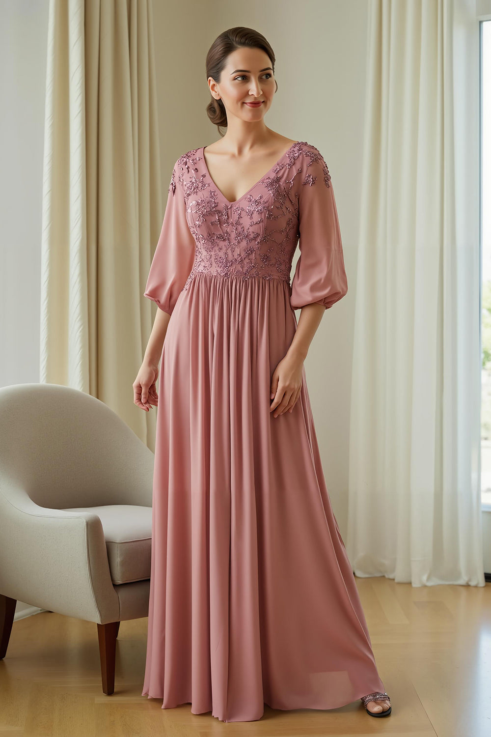 Appliqued V-Neck A-Line Dusty Rose Mother Of The Bride Dress