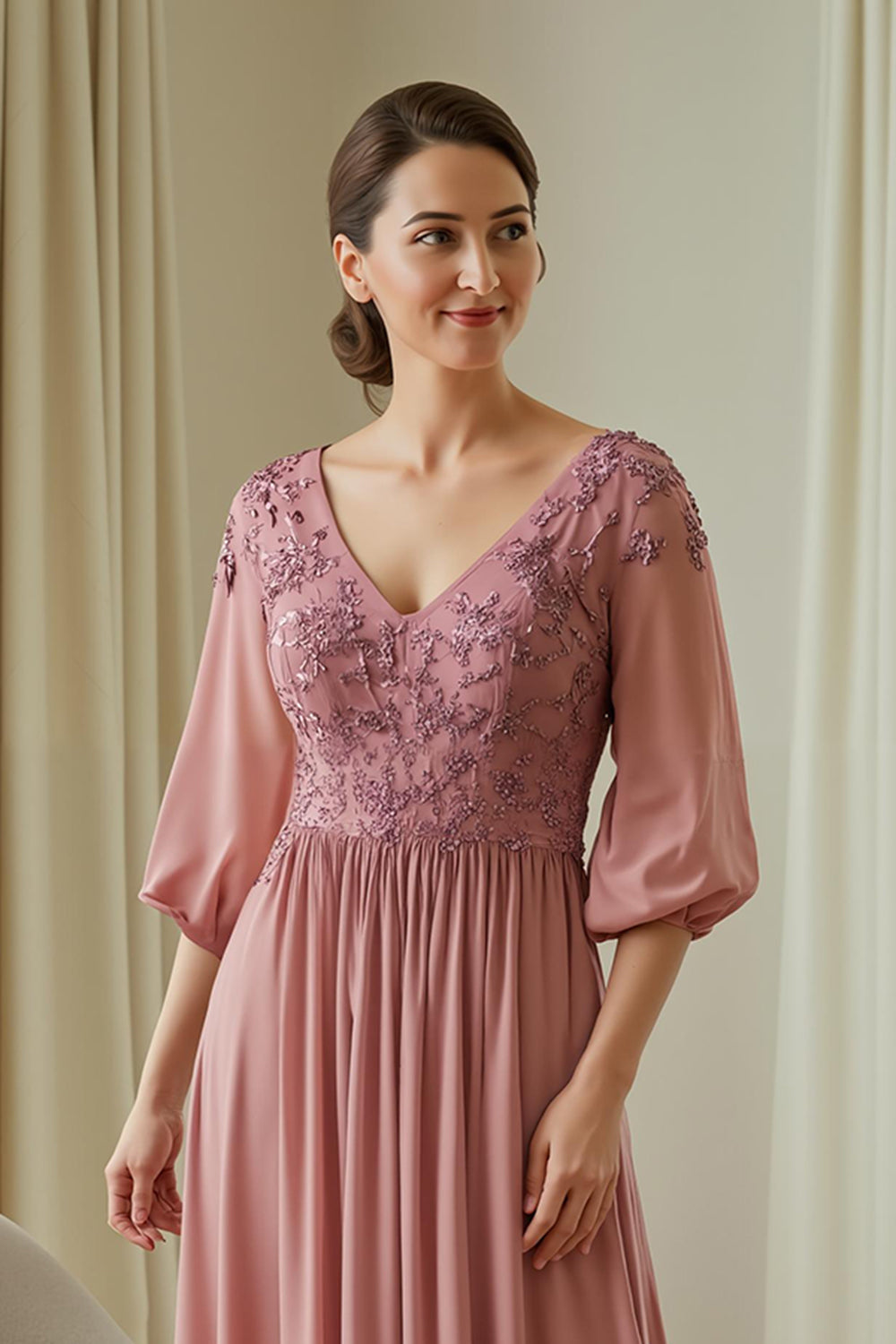 Appliqued V-Neck A-Line Dusty Rose Mother Of The Bride Dress