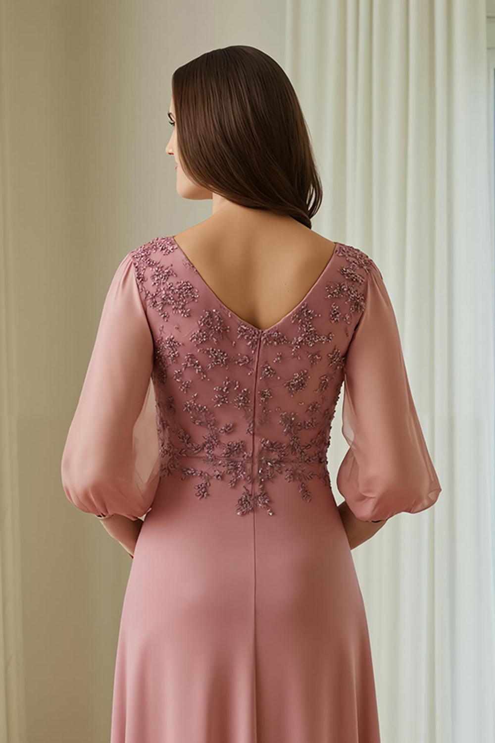 Appliqued V-Neck A-Line Dusty Rose Mother Of The Bride Dress