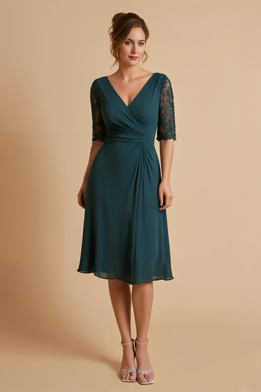 Pine A-Line Ruched Midi Mother Of The Bride Dress With Lace