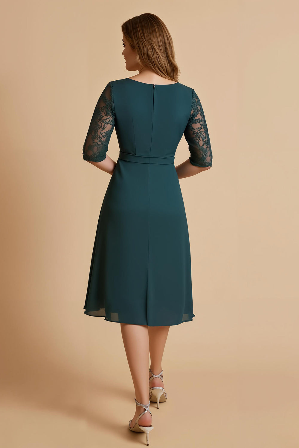 Pine A-Line Ruched Midi Mother Of The Bride Dress With Lace