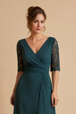 Pine A-Line Ruched Midi Mother Of The Bride Dress With Lace