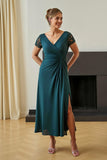 Pine V-Neck A-Line Appliqued Midi Mother Of The Bride Dress With Slit