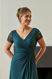 Pine V-Neck A-Line Appliqued Midi Mother Of The Bride Dress With Slit