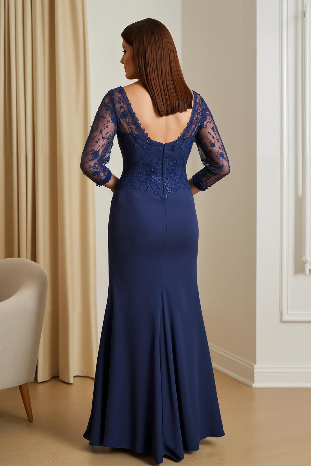 Mermaid Navy Appliqued Mother Of The Bride Dress With Slit