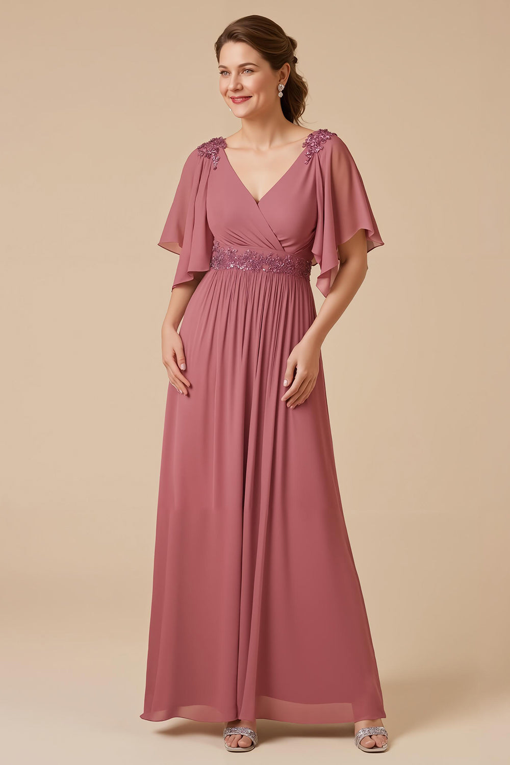 Desert Rose A-Line V-Neck Mother Of The Bride Dress With Appliques