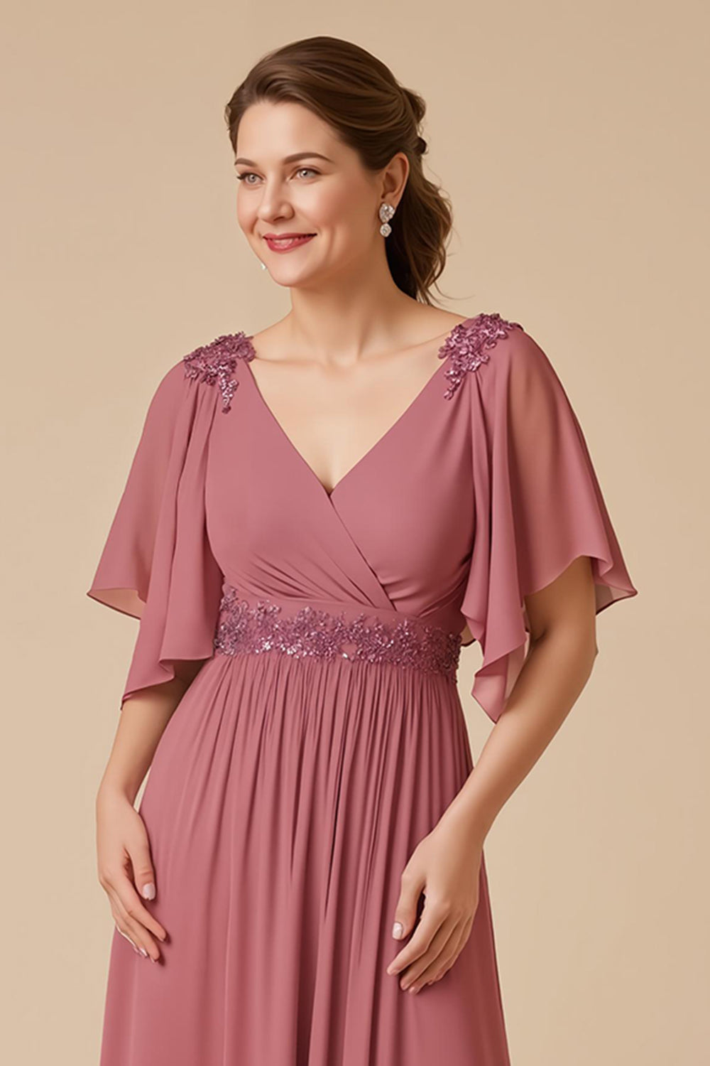 Desert Rose A-Line V-Neck Mother Of The Bride Dress With Appliques