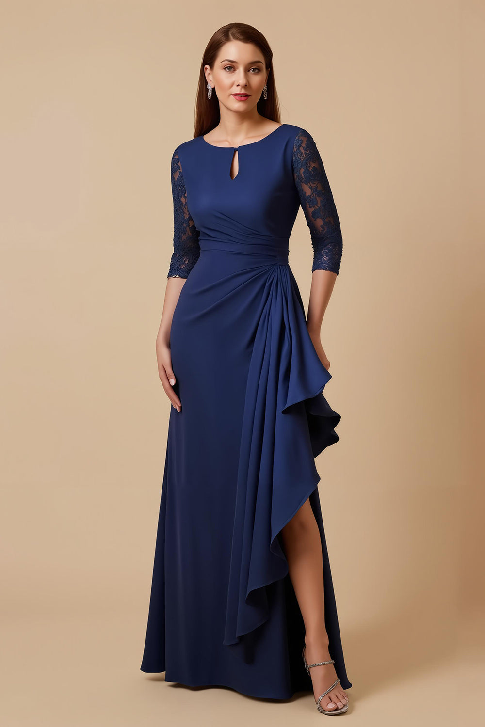 Navy Ruffled Keyhole Appliqued Mother Of The Bride Dress With Slit