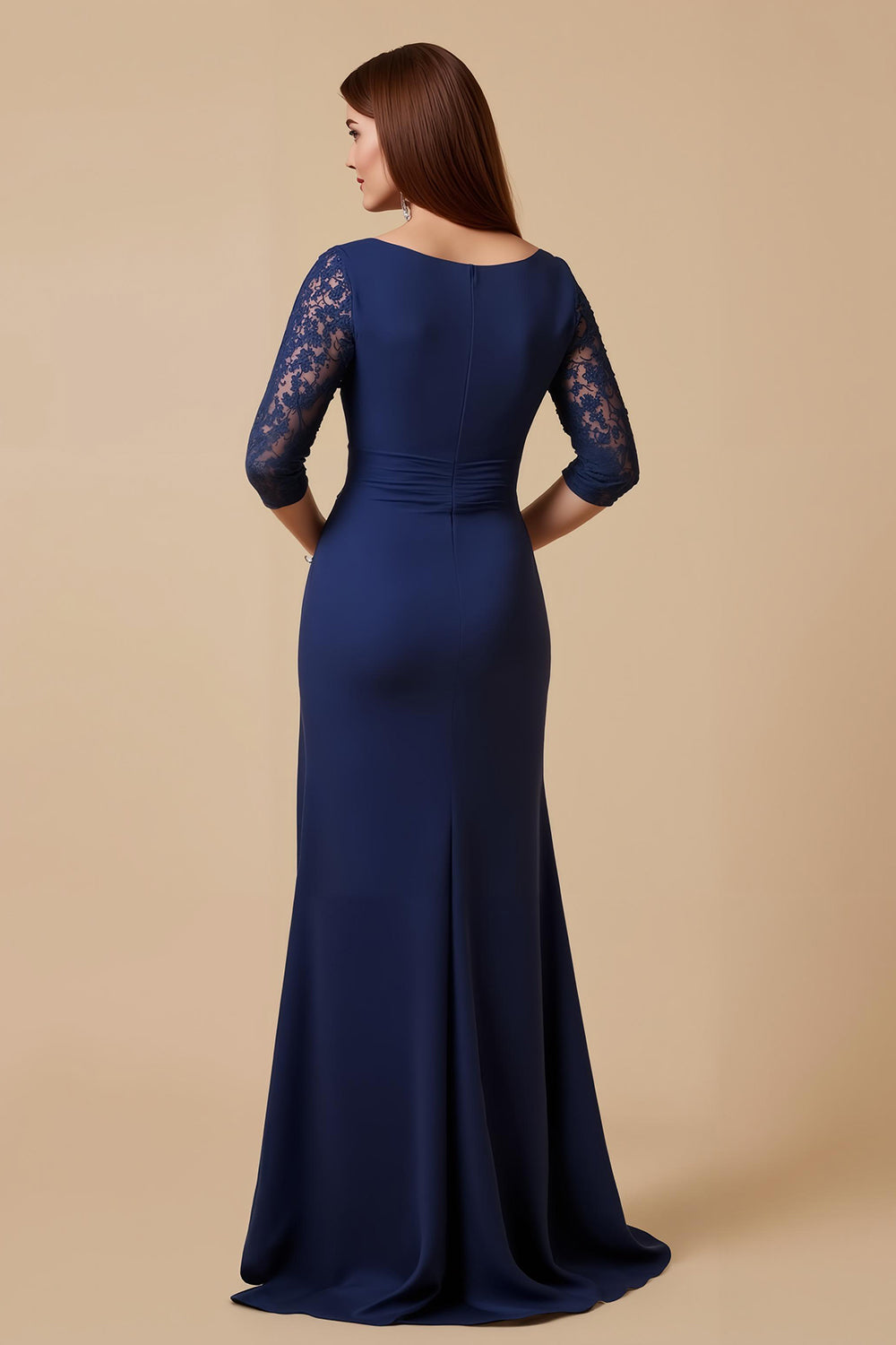 Navy Ruffled Keyhole Appliqued Mother Of The Bride Dress With Slit