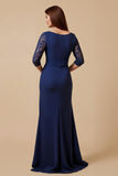 Navy Ruffled Keyhole Appliqued Mother Of The Bride Dress With Slit