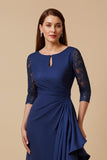 Navy Ruffled Keyhole Appliqued Mother Of The Bride Dress With Slit