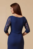 Navy Ruffled Keyhole Appliqued Mother Of The Bride Dress With Slit