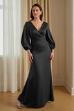 Pine Satin V-Neck Long Sleeve Mother Of The Bride Dress