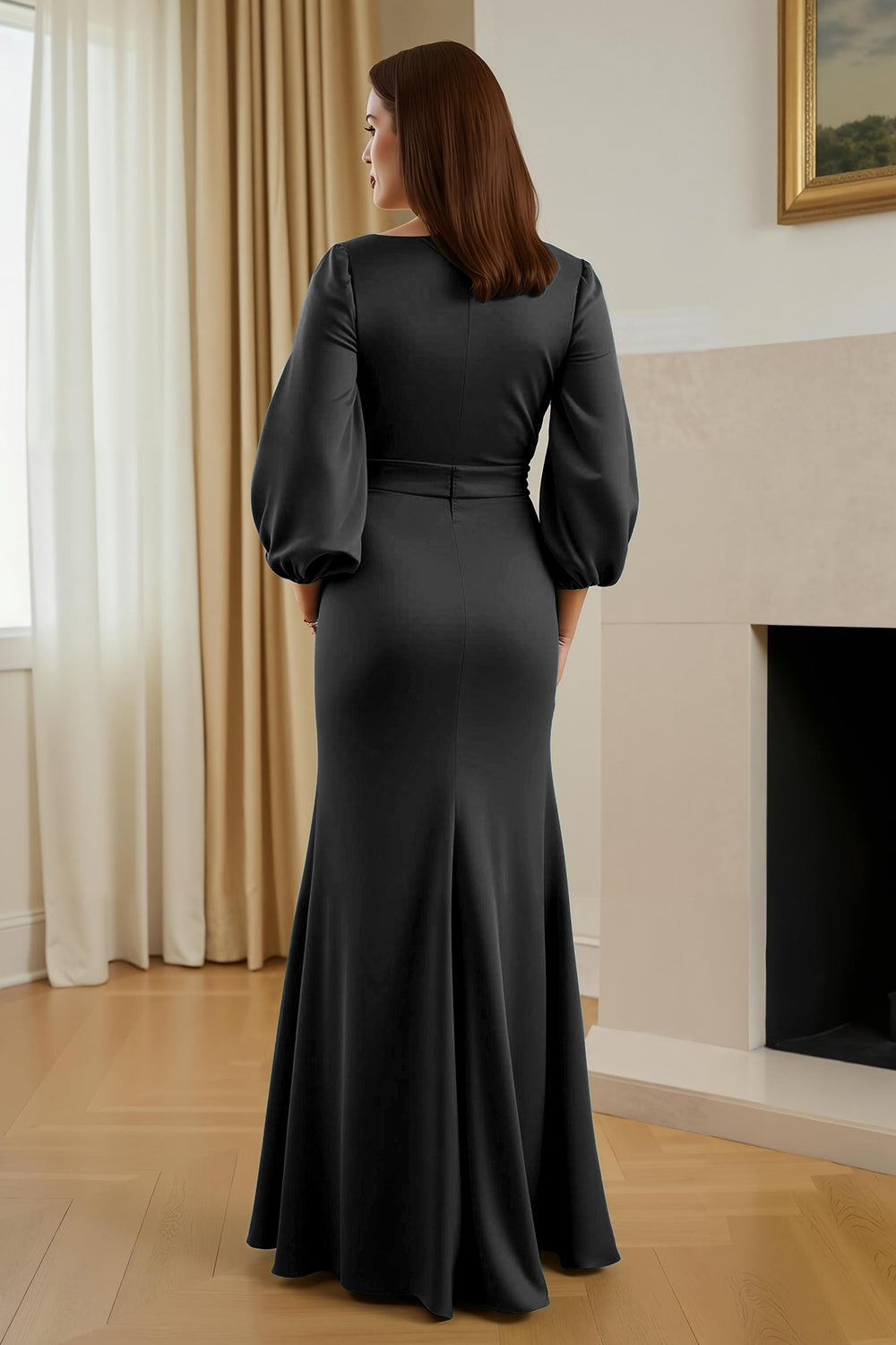 Pine Satin V-Neck Long Sleeve Mother Of The Bride Dress