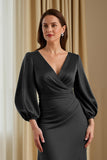 Pine Satin V-Neck Long Sleeve Mother Of The Bride Dress