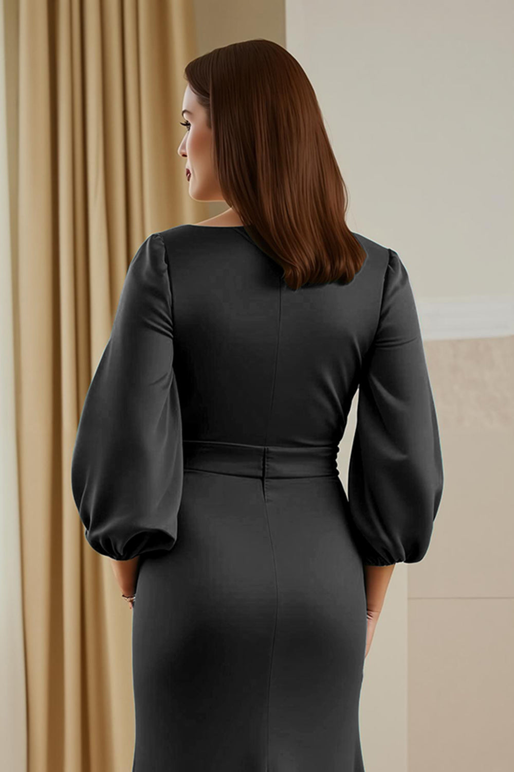 Pine Satin V-Neck Long Sleeve Mother Of The Bride Dress