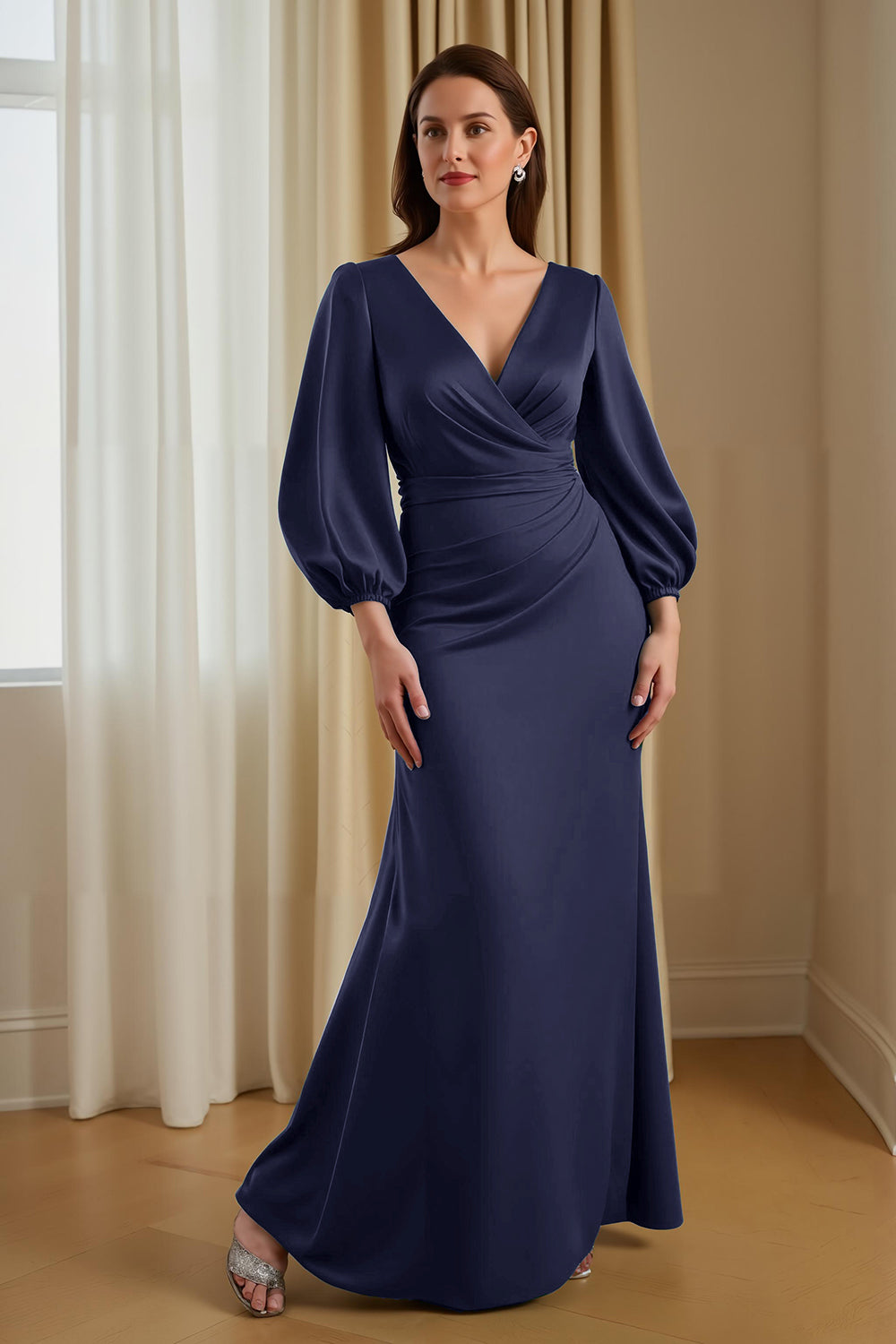 Pine Satin V-Neck Long Sleeve Mother Of The Bride Dress
